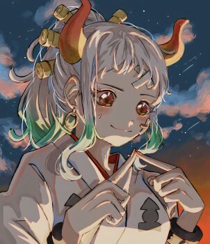1girl absurdres bandaid bandaid_on_face blush closed_mouth cloud commentary cuffs earrings green_hair hair_ornament handcuffs highres horns jewelry night night_sky one_piece orange_eyes ponytail sidelocks sky smile solo sweatdrop u_mi031 upper_body yamato_(one_piece)