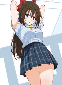 Rule 34 | 1girl, arms behind head, arms up, blue eyes, blue shirt, blue skirt, blush, bow, breasts, brown hair, collared shirt, hair between eyes, hair bow, long hair, looking at viewer, love live!, love live! nijigasaki high school idol club, medium breasts, miniskirt, neck ribbon, nijigasaki school uniform, osaka shizuku, plaid clothes, plaid skirt, pleated skirt, red bow, ribbon, school uniform, shirt, short sleeves, sidelocks, skirt, skt (ryxxxxx), solo, summer uniform, yellow ribbon
