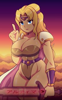 absurdres blonde_hair blue_eyes breasts celes_chere cleavage final_fantasy final_fantasy_vi highres holding holding_weapon large_breasts skin_tight tonyneely warrior weapon wide_hips