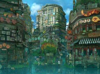 balcony bear_head blue_sky box building canal cat city clock cloud condenser_unit fantasy grass holding holding_umbrella industrial_pipe ladder lamppost lotus_leaf neon_lights open_window original people railing reflection reflective_liquid road_sign scenery sign sky standing standing_on_liquid torahico tower traffic_light tree umbrella walkway water window