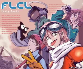 3girls aquelekaiio baseball_bat camera canti cat father_and_son flcl gloves goggles goggles_on_head green_eyes hair_between_eyes haruhara_haruko highres holding holding_camera multiple_girls nandaba_kamon nandaba_naota pink_hair robot samejima_mamimi short_hair takkun_(flcl) v yellow_gloves
