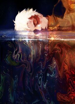 1boy blood blood_on_face closed_eyes closed_mouth commentary death english_commentary hikaru_ga_shinda_natsu indou_hikaru jacket lying male_focus nathengyn on_side orange_jacket reflection short_hair signature water white_hair