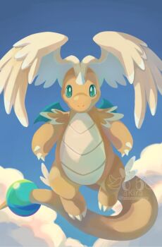 akira_(akira_art_poke) blue_sky claws closed_mouth cloud colored_skin dragon dragonite feathered_wings flying full_body gen_1_pokemon green_eyes head_wings horns leg_wings looking_at_viewer mega_dragonite mega_pokemon nintendo no_humans orange_skin pokemon pokemon_(creature) pokemon_focus single_horn sky solo tail wings