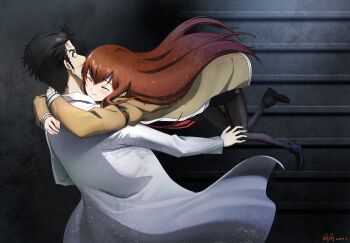 1boy 1girl black_pantyhose black_shorts brown_hair brown_jacket dress facial_hair highres jacket lab_coat long_hair makise_kurisu necktie okabe_rintarou pantyhose pantyhose_under_shorts red_hair red_necktie science_adventure shiny_lips shirt short_hair shorts smile steins;gate stubble user_wkgu2277