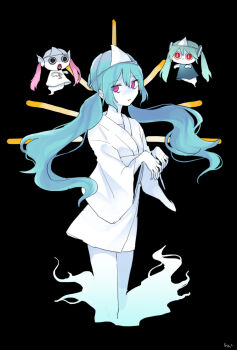 Rule 34 | 3girls, adgjmtw0, aimaina, aqua hair, colored skin, doushite-chan, ghost, hatsune miku, highres, japanese clothes, kimono, long hair, looking at viewer, low twintails, multiple girls, obake no ukenerai (vocaloid), obi, pink eyes, sash, shiroshouzoku, solo, triangular headpiece, twintails, very long hair, vocaloid