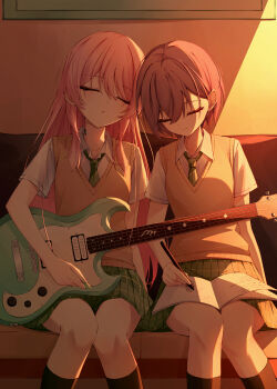 Rule 34 | 2girls, absurdres, bang dream!, bang dream! it's mygo!!!!!, black socks, brown sweater vest, chihaya anon, chiqingse, closed mouth, commentary, diagonal-striped clothes, diagonal-striped necktie, electric guitar, green necktie, green skirt, grey hair, guitar, hair between eyes, haneoka school uniform, highres, holding, holding pencil, instrument, kneehighs, long hair, multiple girls, necktie, parted lips, pencil, pink hair, plaid clothes, plaid skirt, pleated skirt, school uniform, shirt, short hair, sitting, skirt, sleeping, socks, striped clothes, sweater vest, takamatsu tomori, white shirt