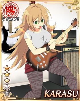 1girl aura black_pantyhose border breasts brown_hair card_(medium) character_name electric_guitar english_text game_cg green_eyes grey_shirt guitar holding holding_guitar holding_instrument holding_plectrum instrument karasu_(senran_kagura) large_breasts long_hair music official_art pantyhose playing_guitar playing_instrument plectrum red_shorts senran_kagura senran_kagura_new_wave shirt shorts solo wristband