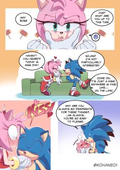 4koma amy_rose blue_fur blush boots bracelet cheek_press comic couch dress excited gloves green_eyes hairband hammer hand_kissing heart hedgehog highres jewelry kiss kohane01 medium_hair melting pink_fur pot sega shoes sitting socks sonic_(series) sonic_the_hedgehog spiked_hair sweatdrop toy_hammer