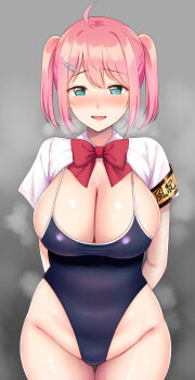 1girl amano_don aqua_eyes armband arms_behind_back blush bow bowtie breasts cleavage clothes_lift competition_swimsuit cowboy_shot female_focus fupa fuuzoku_katsudou hair_ornament hairclip heart heart-shaped_pupils highleg highleg_one-piece_swimsuit highres large_breasts looking_at_viewer one-piece_swimsuit original pink_hair plump sakurai_hana_(amano_don) shirt shirt_lift solo standing swimsuit symbol-shaped_pupils thick_thighs thigh_gap thighs twintails yue_(show-ei)