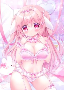 1girl animal_ears blush bow bow_bra bow_hair_ornament bow_panties bra breasts chiika_(cure_cherish) cleavage cowboy_shot fake_animal_ears frilled_bra frilled_panties frills hair_ribbon hands_up large_breasts lingerie long_hair nail_polish original panties parted_lips pink_bra pink_eyes pink_hair pink_nails pink_panties pink_ribbon pink_theme rabbit_ears ribbon solo two_side_up underwear wrist_cuffs yume_kawaii
