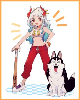 1girl animal aqua_hair ball baseball_bat bra dog earrings full_body hair_ornament hand_on_own_hip highres holding holding_ball hoop_earrings horns ikuchi_osutega jewelry looking_at_viewer notice_lines one_piece orange_eyes pants planted ponytail red_horns red_pants sidelocks simple_background solo underwear white_background white_hair wolf yamato_(one_piece)