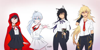 4girls alternate_costume animal_ears arm_behind_back belt black_gloves black_hair black_jacket black_pants black_skirt blake_belladonna blonde_hair blue_eyes book bow bowtie brown_pantyhose buttons cape cat_ears cat_girl chain chain_necklace diamond_button dress frown gloves gold_trim grey_eyes hand_in_pocket highres holding holding_book hood hooded_cape jacket jewelry long_hair multicolored_hair multiple_girls necklace open_clothes open_jacket open_mouth outstretched_hand pants pantyhose ponytail purple_bow purple_bowtie red_bow red_bowtie red_cape red_eyes red_tie ruby_rose rwby scar scar_across_eye scar_on_face school_uniform shirt signature simple_background skirt smile smirk sytokun tassel tiara weiss_schnee white_background white_belt white_dress white_hair white_shirt yang_xiao_long yellow_eyes