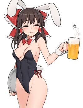 Rule 34 | 1girl, alcohol, alternate costume, animal ear hairband, animal ears, beer, beer mug, black leotard, blush, bow, bowtie, breasts, brown hair, cleavage, closed eyes, commentary request, covered navel, cup, detached collar, facing viewer, fake animal ears, frilled bow, frilled hair tubes, frills, hair bow, hair tubes, hairband, hakurei reimu, highleg, highleg leotard, highres, holding, holding cup, holding tray, leotard, long hair, looking at viewer, miyo (ranthath), mug, open mouth, playboy bunny, rabbit ear hairband, rabbit ears, rabbit tail, red bow, red bowtie, signature, simple background, smile, solo, strapless, strapless leotard, tail, touhou, tray, twitter username, white background, white hairband, wrist cuffs