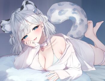 1girl armpit_crease bare_shoulders blue_bra blue_eyes bra breasts cleavage collar dress_shirt extra_ears fang hair_ornament hairclip head_rest highres indie_virtual_youtuber lace lace-trimmed_bra lace_trim large_breasts legs_up looking_at_viewer lying medium_hair mole mole_under_eye on_stomach open_mouth ren_kohaku_(vtuber) second-party_source shirt smile snow_leopard_ears snow_leopard_girl snow_leopard_tail solo string_bra tail_raised the_pose twt_vv202 underwear virtual_youtuber white_collar white_hair white_shirt