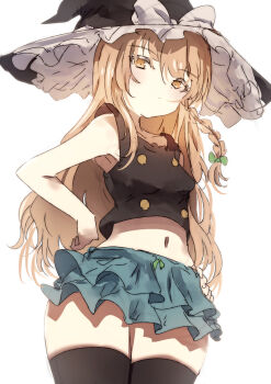 1girl alternate_costume bare_arms black_thighhighs blonde_hair blue_skirt bow braid breasts collarbone commentary_request cowboy_shot crop_top frilled_skirt frills green_bow hair_bow hand_on_own_hip hat hat_bow highres kirisame_marisa long_hair looking_at_viewer midriff natsume_suzuri navel shirt side_braid simple_background single_braid skirt sleeveless sleeveless_shirt small_breasts solo thighhighs thighs touhou white_background white_bow witch_hat yellow_eyes