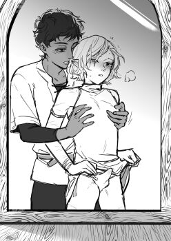 2boys bags_under_eyes black_hair blush bulge curly_hair dark-skinned_male dark_skin dress dungeon_meshi erection erection_under_clothes from_behind highres kabru komuchi mithrun monochrome multiple_boys nipple_stimulation notched_ear scar sleeveless sleeveless_dress smelling smelling_hair white_hair yaoi