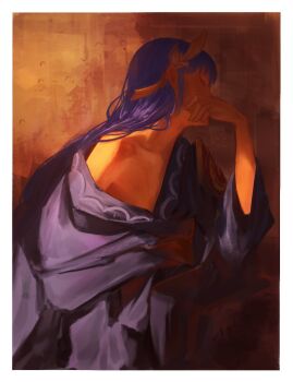 1girl armor border braid brown_background closed_eyes collarbone covering_own_mouth genshin_impact hair_between_eyes hand_up headpiece highres japanese_clothes kaien_(akanee_18) kimono long_hair long_sleeves low-braided_long_hair low-tied_long_hair purple_hair purple_kimono raiden_shogun shoulder_armor simple_background single_bare_shoulder single_braid sitting solo table white_border wide_sleeves