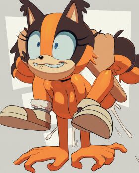 1boy 1girl absurdres blue_eyes breasts brown_fur brown_hair completely_nude cum eyelashes flexible furry furry_with_non-furry grabbing_another's_hair hetero highres holding_another's_hair in_pain interspecies large_breasts legs lip_biting long_eyelashes naughty_face nervous_smile nude orange_fur orange_hair sega sex shoes smile sonic_(series) sonic_boom_(series) sticks_the_badger teeth thehumancopier twintails