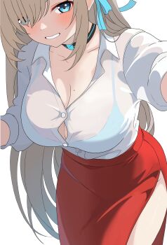 1girl :d absurdres alternate_costume aqua_ribbon asuna_(blue_archive) black_choker blue_archive blue_bra blue_eyes blush bra bra_visible_through_clothes breasts button_gap choker cleavage collarbone collared_shirt cowboy_shot dot_nose grin hair_over_one_eye hair_ribbon highres large_breasts long_hair long_skirt looking_at_viewer mole mole_on_breast one_eye_covered open_mouth red_skirt ribbon see-through_clothes see-through_shirt shirt shirt_tucked_in short_sleeves side_slit simple_background skirt smile solo thejx_063 thighs underwear white_background white_shirt