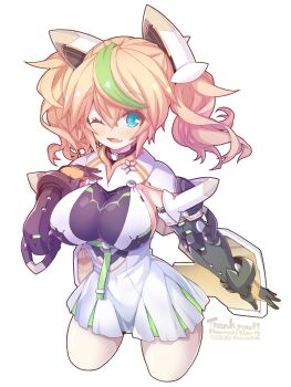 1girl animal_ears blonde_hair blue_eyes bodysuit breasts copyright_name covered_navel fake_animal_ears fang gene_(pso2) hand_on_own_chest highres large_breasts long_hair looking_up mechanical_arms mechanical_ears one_eye_closed open_hand open_mouth phantasy_star phantasy_star_online_2 rikumaru solo thick_thighs thighs white_background