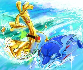 closed_mouth coin colored_sclera commentary_request fang gholdengo glint gold_coin gold_skin metal_skin namekuj1hey nintendo no_humans open_mouth palafin palafin_(hero) pokemon pokemon_(creature) pokemon_focus skin_fang smile surfboard surfing swimming water yellow_eyes yellow_sclera