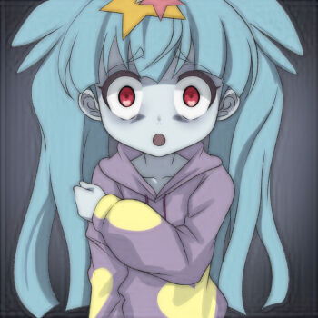 1girl black_background blue_hair blush collarbone colored_skin grey_skin hair_ornament hood hoodie hoshikawa_lily long_hair long_sleeves looking_at_viewer open_mouth print_hoodie purple_hoodie red_eyes standing star_(symbol) star_hair_ornament star_print t_jiroo_(ringofriend) twintails upper_body zombie zombie_land_saga