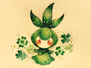 blush clover commentary_request constellation four-leaf_clover full_body gen_5_pokemon looking_at_viewer nintendo no_humans painting_(medium) petilil pokemon pokemon_(creature) red_eyes simple_background solo traditional_media watercolor_(medium) yukichi_0611