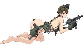 1girl barefoot bikini black_bikini black_eyes brown_gloves brown_hair closed_mouth commentary_request daewoo_k7 gloves gun handgun holding holding_gun holding_weapon holster integrally-suppressed_firearm korean_commentary legs load_bearing_equipment m1911 night_vision_device original pistol simple_background solo submachine_gun suppressor swimsuit thighs wani_(perfect_han) weapon white_background