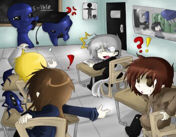 Rule 34 | !, 1girl, 2011, 3boys, ?, ao oni, blockman oni (ao oni), blonde hair, brown hair, chibi, classroom, darkness-the-fox555, hiroshi (ao oni), mika (ao oni), multiple boys, red hair, school, school uniform, takeshi (ao oni), takurou (ao oni), the oni (ao oni), white hair