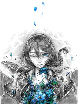 1girl alter_ego_(game) black_hair blue_butterfly blue_eyes blue_flower braid braided_ponytail bug butterfly closed_mouth collared_shirt es_(alter_ego) flower hair_between_eyes highres insect jacket long_hair looking_at_viewer monochrome one_eye_closed petals scarf shirt single_braid solo tsundoku white_background wind