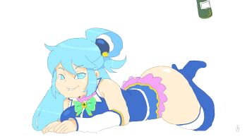 1girl animated animated_gif aqua_(konosuba) ass bottle bottomless female_focus full_body highres kono_subarashii_sekai_ni_shukufuku_wo! leo... looking_at_viewer self-upload simple_background smile solo white_background