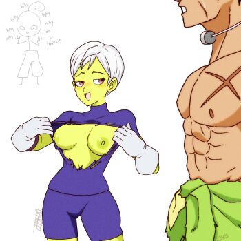 1boy 1girl blush breasts broly_(dragon_ball_super) cheelai colored_skin dragon_ball dragon_ball_super dragon_ball_super_broly green_skin justlewdsketcho muscular muscular_male nipples open_mouth scar short_hair simple_background white_background white_hair