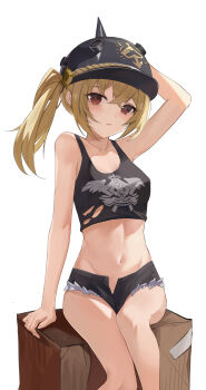 1girl absurdres arm_above_head arm_up bare_arms bare_legs bare_shoulders black_shorts black_tank_top blonde_hair blush box breasts cardboard_box closed_mouth collarbone commentary_request crop_top cropped_shirt crossed_bangs denim denim_shorts dot_nose fake_horns feet_out_of_frame fingernails hair_between_eyes hat helmet highres horned_helmet loli long_hair looking_at_viewer luciana_de_montefio manjie medium_hair motorcycle_helmet navel on_box open_clothes open_shirt peaked_cap red_eyes shirt short_shorts shorts side_ponytail simple_background sitting sitting_on_box sitting_on_object small_breasts solo stomach tank_top torn_clothes torn_shirt unzipped white_background zenless_zone_zero