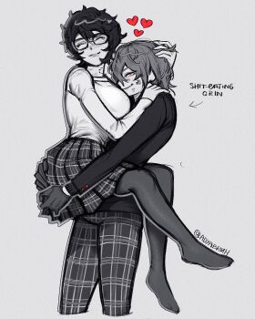 2girls adyabruh akechi_gorou amamiya_ren carrying carrying_person closed_mouth cropped_legs genderswap genderswap_(mtf) glass had_a_dream_everyone_was_drawing_lesbian_ships_like_this_(meme) highres hug lipstick_mark lipstick_mark_on_face long_sleeves meme multiple_girls pants persona persona_5 plaid_clothes plaid_pants plaid_skirt short_hair skirt smile spot_color standing