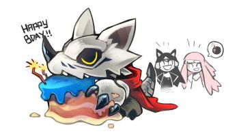 Rule 34 | 2girls, birthday cake, bomb, cake, chibi, closed eyes, digimon, digimon (creature), dragon, explosive, food, gift art, hackmon (digimon), happy birthday, multiple girls, nun, simple background, sinobali, sistermon blanc, sistermon noir, solo focus, white background