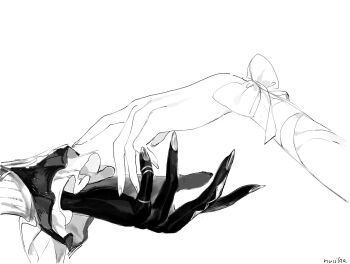 2girls arlecchino_(genshin_impact) black_hands bow close-up colored_extremities columbina_(genshin_impact) fingernails frilled_sleeves frills genshin_impact greyscale hand_focus highres imminent_hand_holding long_sleeves monochrome multiple_girls nuiilar out_of_frame reaching reaching_towards_another signature simple_background white_background wrist_bow