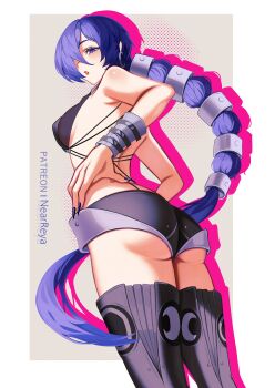 Rule 34 | 1girl, absurdres, ass, bare shoulders, black shorts, border, breasts, by nearreya, cleavage, crescent, crescent earrings, earrings, fingernails, from below, grey background, hair over one eye, hands on own hips, hashtag-only commentary, highres, jewelry, long hair, looking at viewer, parted lips, patreon username, promeia (zenless zone zero), purple eyes, purple hair, purple nails, shorts, small breasts, solo, white border, wristband, zenless zone zero