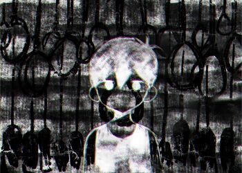 1boy absurdres antenna_hair double-parted_bangs greyscale hair_between_eyes highres looking_at_viewer makucrp male_focus monochrome noose omori omori_(omori) short_hair solo spoilers tank_top upper_body