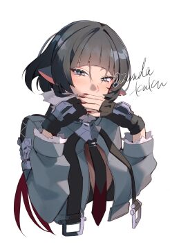 1girl animal_ears black_bra black_gloves black_hair blue_eyes blush bra breasts commentary_request covering_own_mouth fingerless_gloves fishnet_top fishnets fur-trimmed_jacket fur_trim gloves grey_jacket hair_between_eyes hair_over_one_eye highres jacket jane_doe_(zenless_zone_zero) long_hair looking_at_viewer mouse_ears mouse_girl multicolored_hair necktie red_hair red_nails see-through_clothes simple_background solo twitter_username two-tone_necktie underwear upper_body white_background zenless_zone_zero zunda_kaku