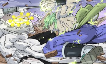 Rule 34 | aura, battle, broly (dragon ball super), dragon ball, dragon ball super, dragon ball super broly, fighting stance, highres, jujutsu kaisen, legendary super saiyan, mahoraga (jujutsu kaisen), male focus, muscular, muscular male, sparkle, sparkling aura, spiked hair, super saiyan, tdamilare11