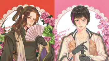 2boys axis_powers_hetalia black_hair brothers brown_eyes brown_hair china_(hetalia) chinese_clothes collared_shirt flower formal_clothes half_updo hand_fan highres holding holding_fan jacket japan_(hetalia) long_hair looking_at_viewer male_focus multiple_boys necktie open_mouth purple_hair sheepgooo shirt short_hair siblings single_hair_streak split_screen suit upper_body