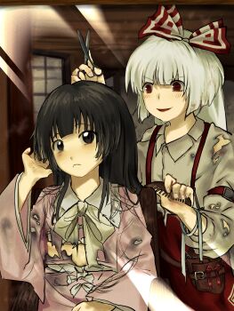 2girls :< arm_up bags_under_eyes black_eyes black_hair bow closed_mouth collared_shirt comb cutting_another's_hair cutting_hair dirty dirty_clothes from_behind fujiwara_no_mokou hair_bow hand_in_own_hair highres hime_cut holding holding_comb holding_scissors houraisan_kaguya indoors light_blush light_rays long_hair long_sleeves messy_hair multiple_girls ofuda open_mouth pants pink_shirt red_eyes red_pants ribbon scissors severed_hair shirt smile smug sunbeam sunlight suspenders tools torn_clothes touhou v-shaped_eyebrows white_hair wide_sleeves yukine_0930