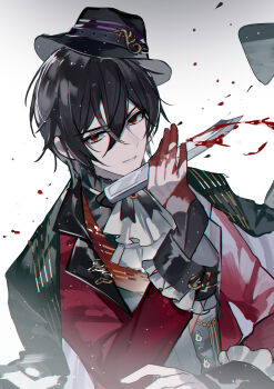 1boy absurdres ascot ayn_alwyn ayn_alwyn_(whirling_whimsical_troupe) between_fingers black_coat black_hair black_ribbon black_shirt blood blood_on_hands bloody_knife chinese_commentary coat coat_on_shoulders commentary_request dagger fedora frilled_shirt_collar frilled_sleeves frills grey_vest hair_between_eyes hat highres holding holding_dagger holding_knife holding_weapon jacket kazenemuri knife knives_between_fingers lapels long_hair_between_eyes long_sleeves looking_at_viewer lovebrush_chronicles male_focus neck_ribbon notched_lapels parted_lips red_eyes red_jacket ribbon shirt short_hair sleeve_cuffs sleeves_past_wrists solo tilted_headwear v-shaped_eyebrows vest weapon white_ascot white_background