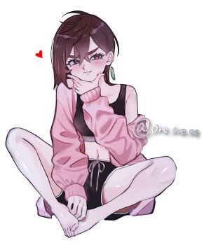 Rule 34 | 1girl, ayase momo, barefoot, between legs, black bra, black shorts, blush, bra, breasts, brown eyes, brown hair, commentary request, crossed bangs, dandadan, earrings, full body, furrowed brow, hair between eyes, hand between legs, hand on own chin, highres, jacket, jewelry, medium breasts, medium hair, midriff, navel, open clothes, open jacket, ore ore oe, pink jacket, shorts, single bare shoulder, sitting, solo, sports bra, thick eyebrows, twitter username, underwear, white background