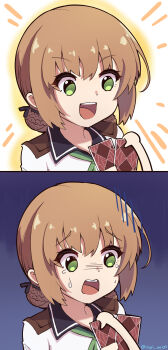 2koma absurdres brown_hair card chibi comic duvalie eiyuu_densetsu green_eyes hair_bun highres holding holding_card naisu_(nai_su01) open_mouth panicking playing_card sen_no_kiseki_(series) sen_no_kiseki_i smile sweatdrop