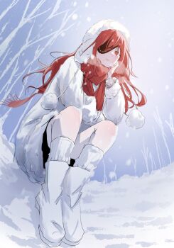 1girl boots coat day earmuffs enpera fur_trim hand_on_own_face highres hwa_ryun long_hair long_sleeves looking_at_viewer one_eye_covered original red_eyes red_hair red_scarf sanasanase scarf sitting snow snow_on_tree snowing solo sun sunlight tower_of_god tree twenty-fifth_bam white_boots white_coat winter winter_clothes winter_coat