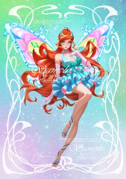 1girl artnikita bloom_(winx_club) blue_dress blue_eyes commentary dress elbow_gloves enchantix fairy_wings frilled_dress frills full_body gloves hashtag-only_commentary highres long_hair orange_hair sample_watermark solo symbol-only_commentary watermark wings winx_club