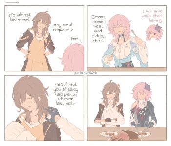 3girls ahoge anger_vein apron arm_around_waist arm_sling arrow_(symbol) artist_name bandaid bandaid_on_cheek bandaid_on_face black_choker black_dress black_eyes black_gloves black_jacket blue_jacket blush border choker closed_eyes closed_mouth clothing_cutout collared_shirt commentary cowboy_shot dress dual_persona eating english_commentary english_text evernight_(honkai:_star_rail) flower flower_ornament food fork gloves grey_hair hair_between_eyes hair_flower hair_ornament half-closed_eyes hand_up hands_up holding holding_fork holding_spoon honkai:_star_rail honkai_(series) jacket jewelry korshokor lapels long_hair long_sleeves looking_at_another low_twintails march_7th_(honkai:_star_rail) march_7th_(preservation)_(honkai:_star_rail) meat multiple_girls multiple_rings multiple_views no_eyes official_alternate_costume official_alternate_hairstyle open_clothes open_jacket open_mouth orange_apron pink_hair plate pocket puffy_long_sleeves puffy_sleeves purple_flower red_eyes red_flower ring shirt short_hair shoulder_cutout sidelocks simple_background single_bare_shoulder smile spoon standing stelle_(honkai:_star_rail) t-shirt table tearing_up tied_jacket trailblazer_(honkai:_star_rail) twintails two-tone_dress white_background white_border white_dress white_flower white_shirt yellow_eyes yuri