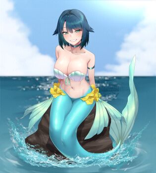 1girl absurdres adversarial_noise armband awono_nanaumi bikini blue_hair blue_tail blush breasts choker cleavage cloud collarbone commentary_request fins fukami_nana_(awono_nanaumi) green_eyes groin hair_flaps highres large_breasts leaning_forward mermaid monster_girl navel original shell shell_bikini sitting smile solo swimsuit watermark