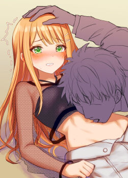 1boy 1girl black_tube_top blush commentary_request faceless faceless_male gakuen_idolmaster green_eyes hand_on_another's_head hetero highres honeycomb_(pattern) idolmaster licking licking_navel long_hair mole mole_under_eye navel orange_hair shirokuma-kun shiun_sumika stomach straight_hair strapless tube_top